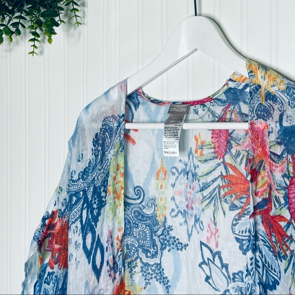 Chico’s NWOT Ikat Paradise Ruana linen fringe kimono coverup top Small/Medium - Picture 13 of 13